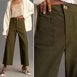 Anthropologie Colette Maeve Olive Green Wide Leg Crop Linen Blend Pants 16W